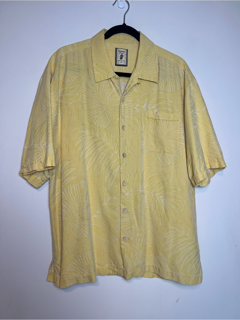 Jamaica Jaxx 100% Silk Yellow Tropical Palm Leaf Jacquard Aloha Shirt-Size-Med